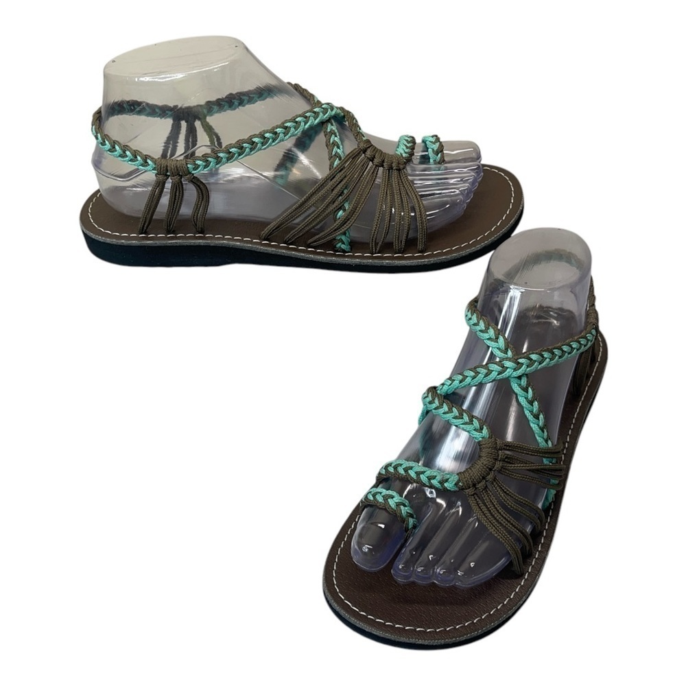 Plaka Sandals Palm Leaf Flat Rope Teal Brown Sandals Women’s Size 8